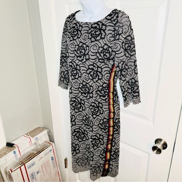 Nicole Miller Floral Lace Overlay Multicolor Side Stripe Midi Dress Black M - Picture 5 of 12